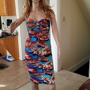 Boston Proper Stretch Ruched Tropical Dress